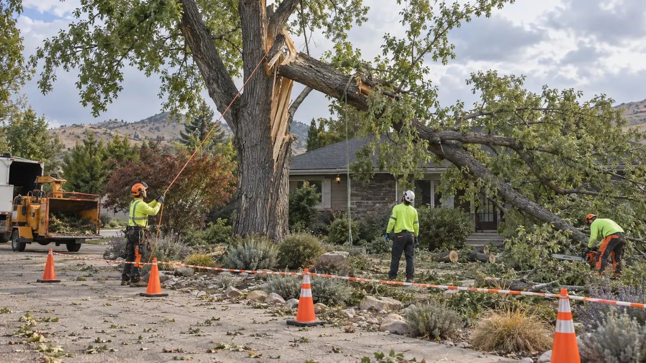 Representative view of a professional crew responding to a storm-damaged split tree