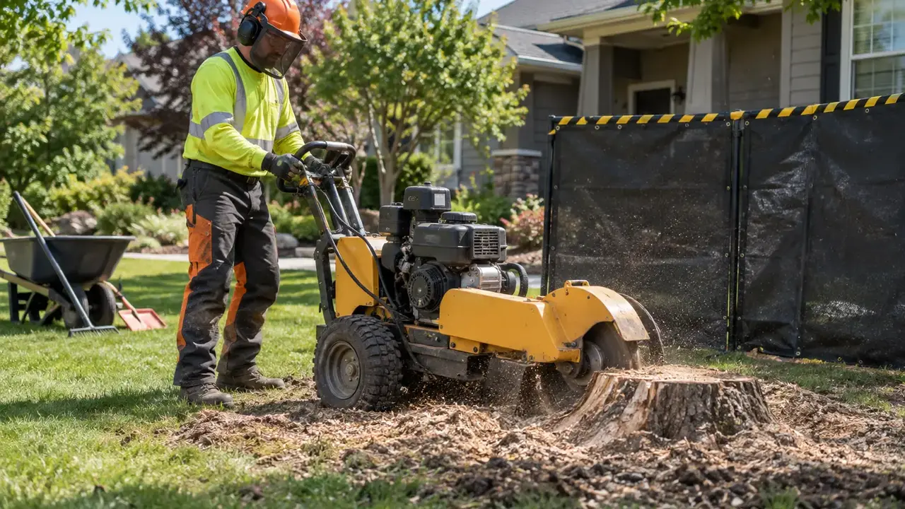 Representative view of professional stump grinding in a residential yard