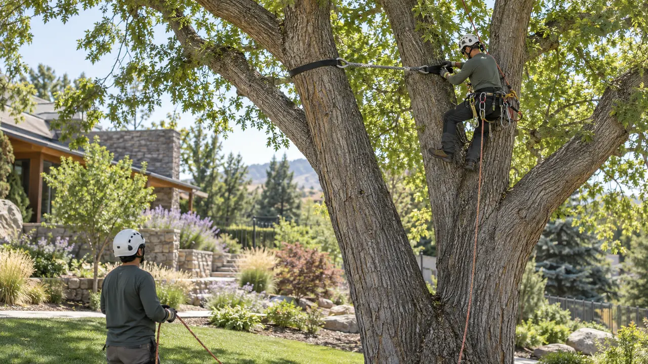 Representative view of professional tree cabling and bracing work on a large tree