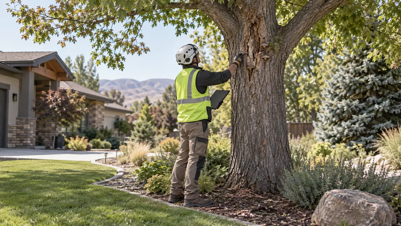Representative view of an arborist inspecting the trunk and canopy of a mature tree
