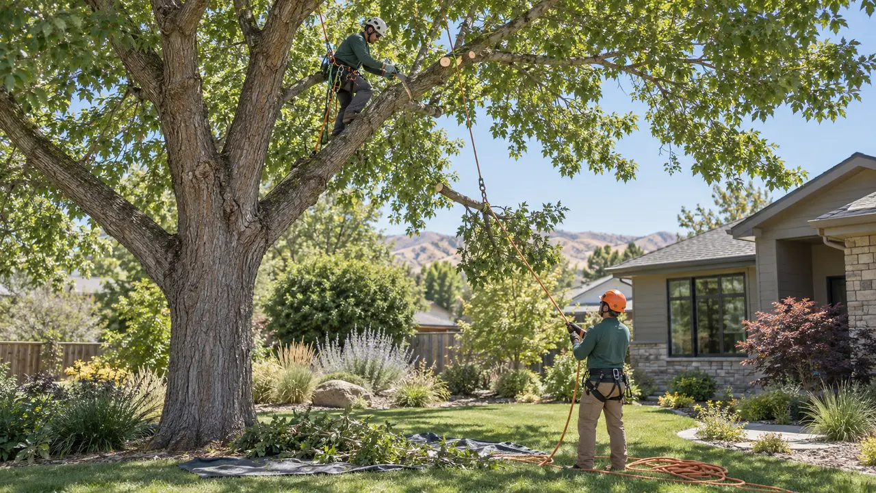 Representative view of a trained arborist selectively pruning a mature shade tree