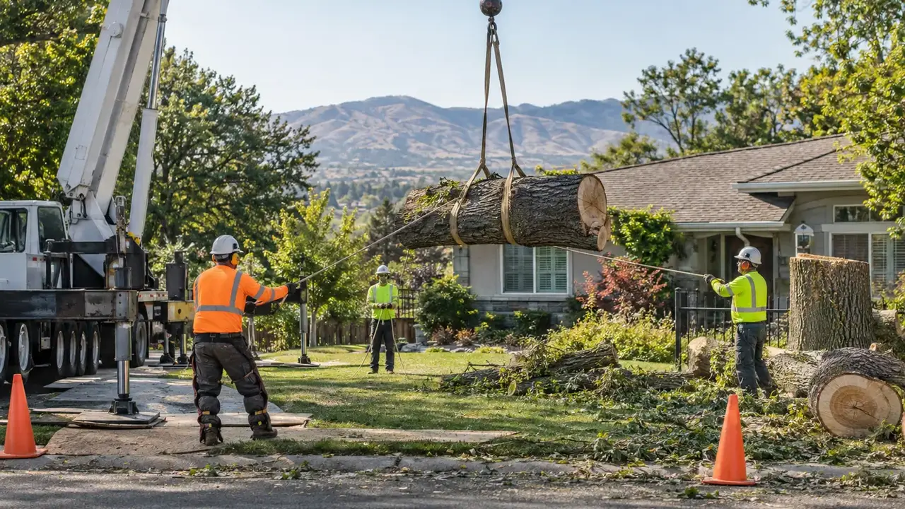 Representative view of a professional crew performing crane-assisted tree removal